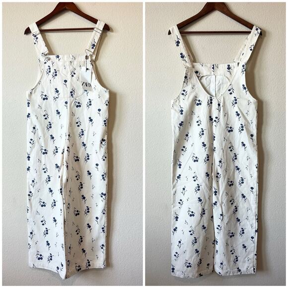 ZARA Floral Denim Overalls Size S Jumpsuit Cream Blue Cottagecore Wide Leg NWT - Picture 2 of 12